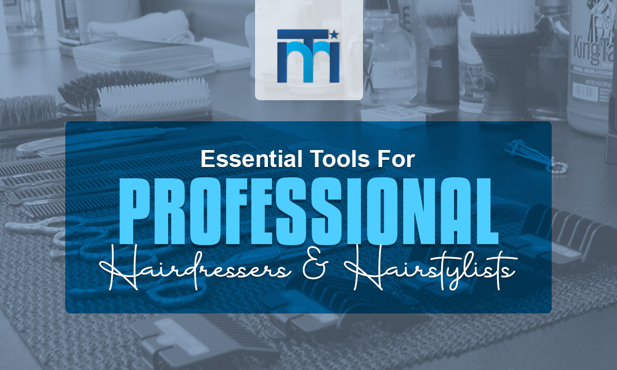 Essential tools for professional hairdressers including scissors, combs, and blow dryer